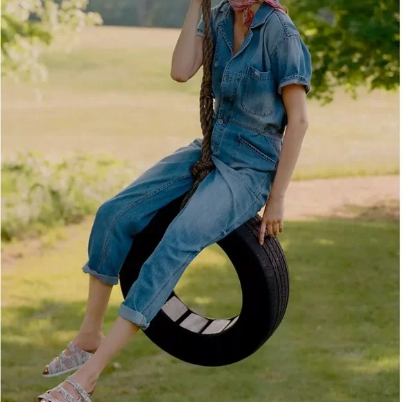 NWT Pistola Grover Light Blue Denim Short Sleeve Jumpsuit SMALL in Disoriented - Picture 3 of 11